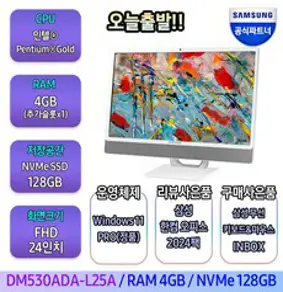 삼성 일체형PC 올인원PC DM530ADA-L25A (인텔 펜티엄 7505 60.5cm WIN11 PRO RAM 4GB SSD 128GB), 128GB, 화이트